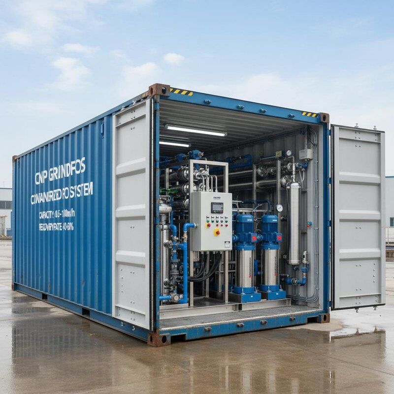 Pump CNP Grundfos Containerized Reverse Osmosis System Capacity 0.5 to 100m3h Recovery Rate Typically 40 Percent to 60 Percent