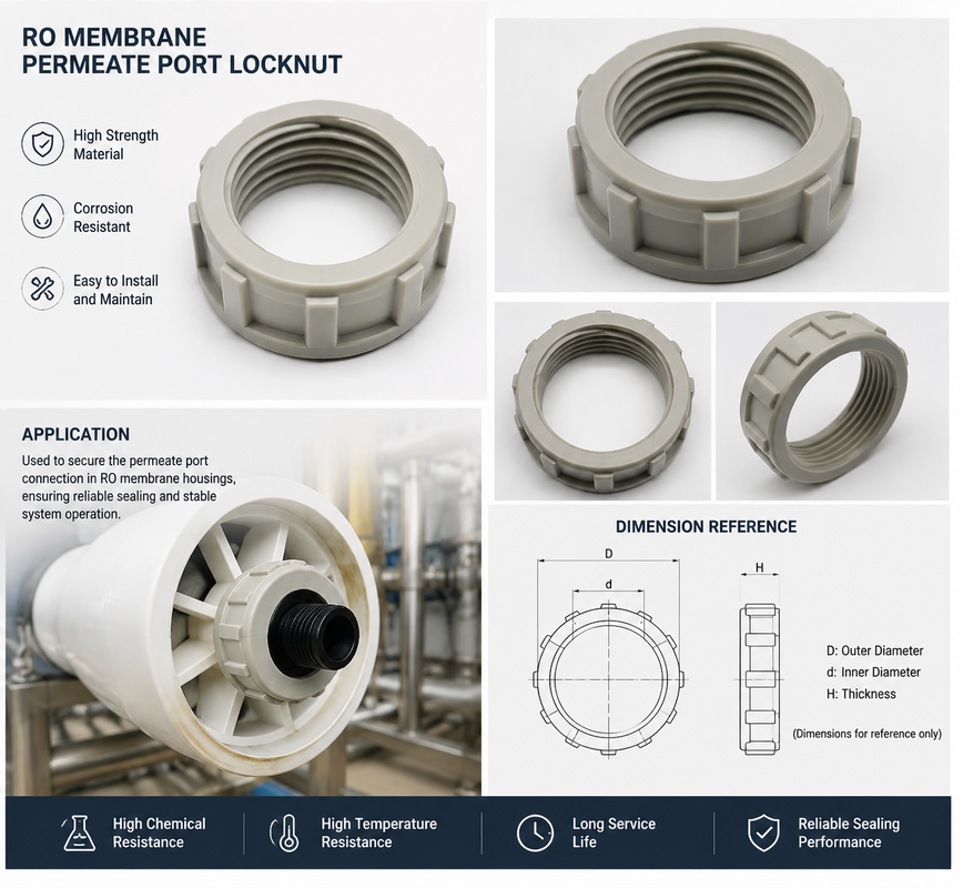 Écrou de blocage de port de perméat de membrane RO en plastique technique haute résistance avec résistance à la corrosion et longue durée de vie pour systèmes d'osmose inverse